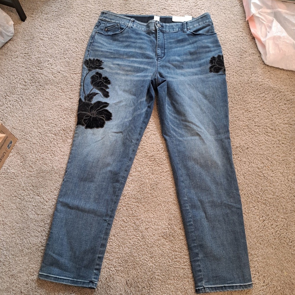 Chico's Secret Stretch Jeggings Blue Floral Velvet Embroidered Denim Size 16R 3R